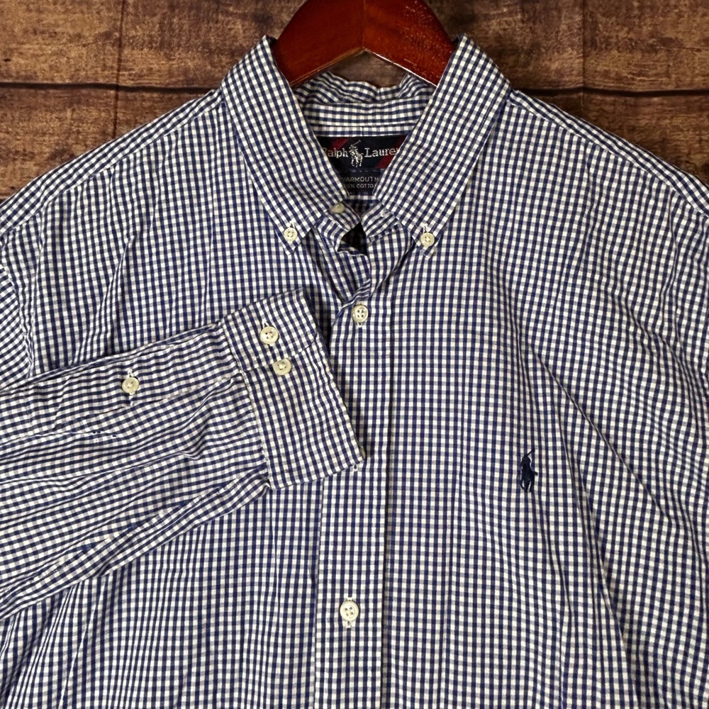 Ralph Lauren Yarmouth Oxford Mens 16 1/2 36/37 Blue Gingham Button Down Shirt